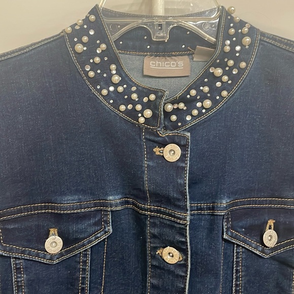 Chico’s size 2 Pearl & Rhinestone encrusted mock neck blue denim jacket. - Picture 2 of 7